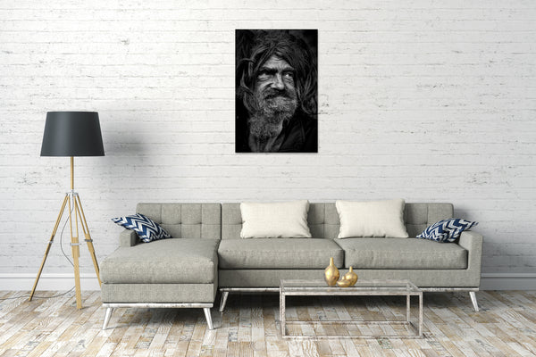 Leinwandbild Portrait alter Mann Obdachloser mit Bart, charismatisch, schwarz-weiß
