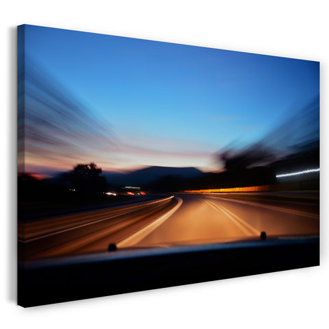 Leinwandbild Blick aus fahrendem Auto Nachts auf Autobahn