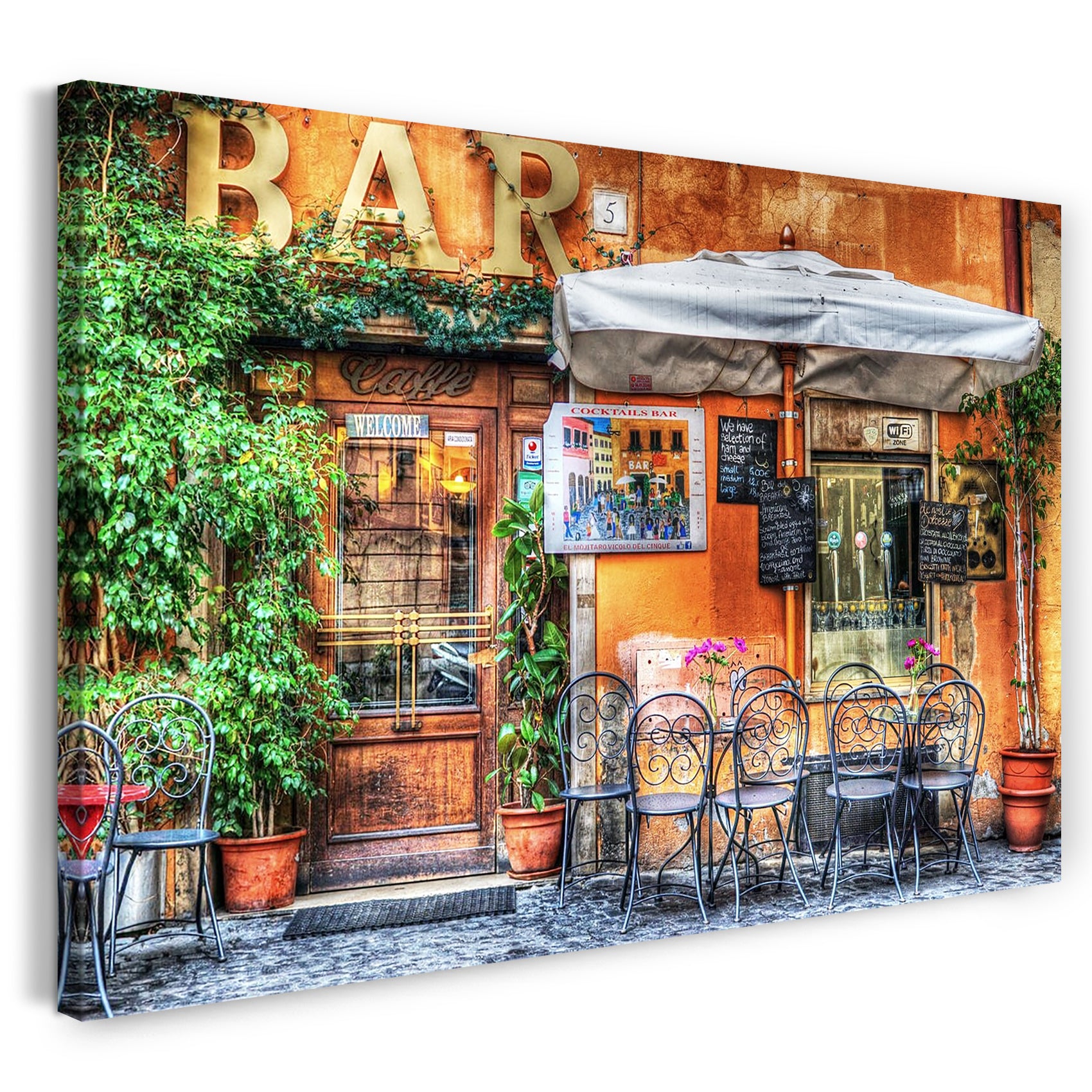 Leinwandbild Bar mit bunter Fassade und Mittelmeer-Feeling