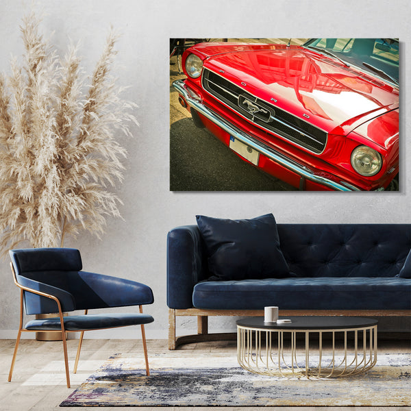 Leinwandbild Autobilder Ford Mustang rot Nahaufnahme vorne