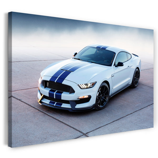 Leinwandbild Autobilder Ford Mustang weiß mit blauen Streifen