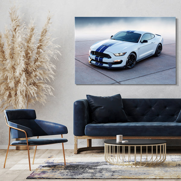 Leinwandbild Autobilder Ford Mustang weiß mit blauen Streifen