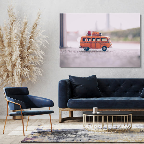 Leinwandbild Autobilder Miniatur Bulli orange