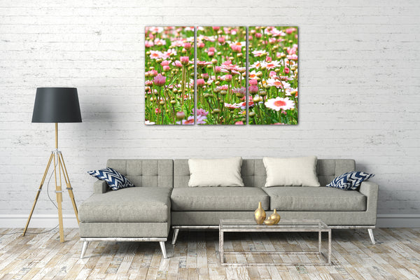 Leinwandbild Blumenwiese mit pink rosa weißen Blüten in grünem Gras