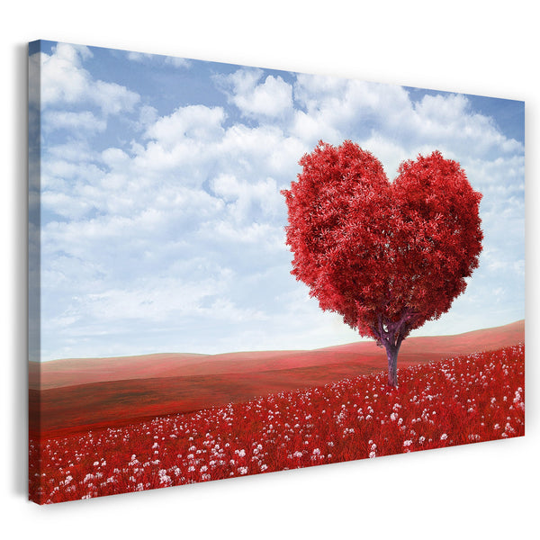 Leinwandbild roter Baum mit Herzforn in roter Blumenlandschaft