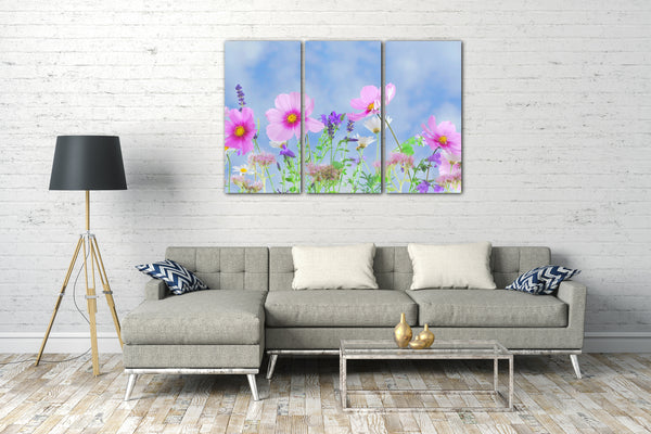 Leinwandbild Blumenbilder Blumenfotos rosa Blüten vor himmelblauer Kulisse