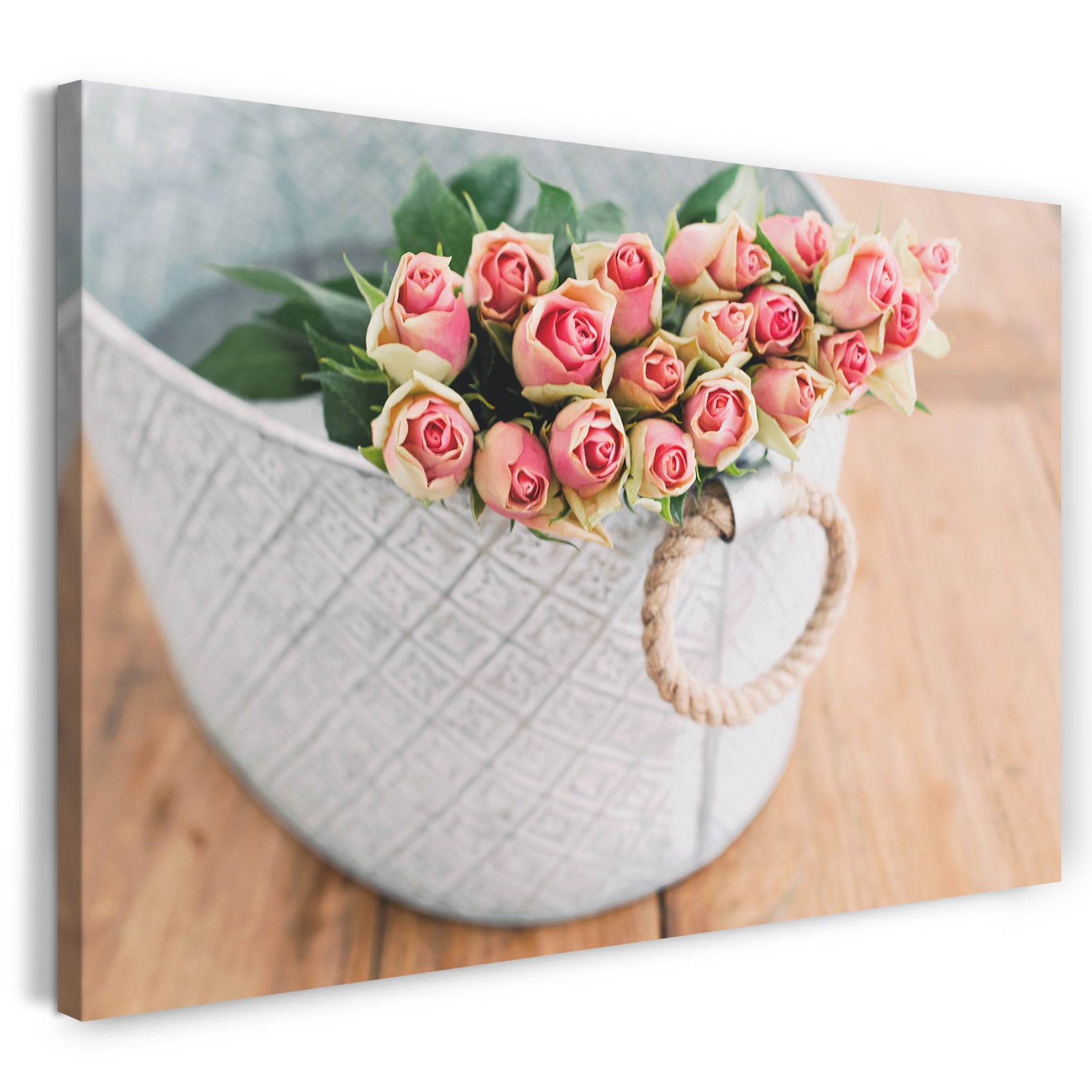 Leinwandbild Blumenbilder Blumenfotos rosa gelbe Rosen in weißem Korb