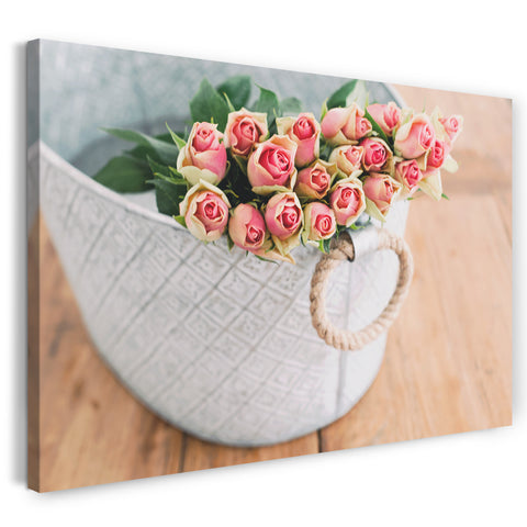Leinwandbild Blumenbilder Blumenfotos rosa gelbe Rosen in weißem Korb