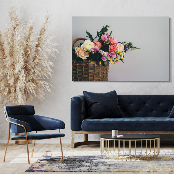 Leinwandbild Blumenbilder Blumenfotos Blumenstrauß in braunem Flecht-Korb