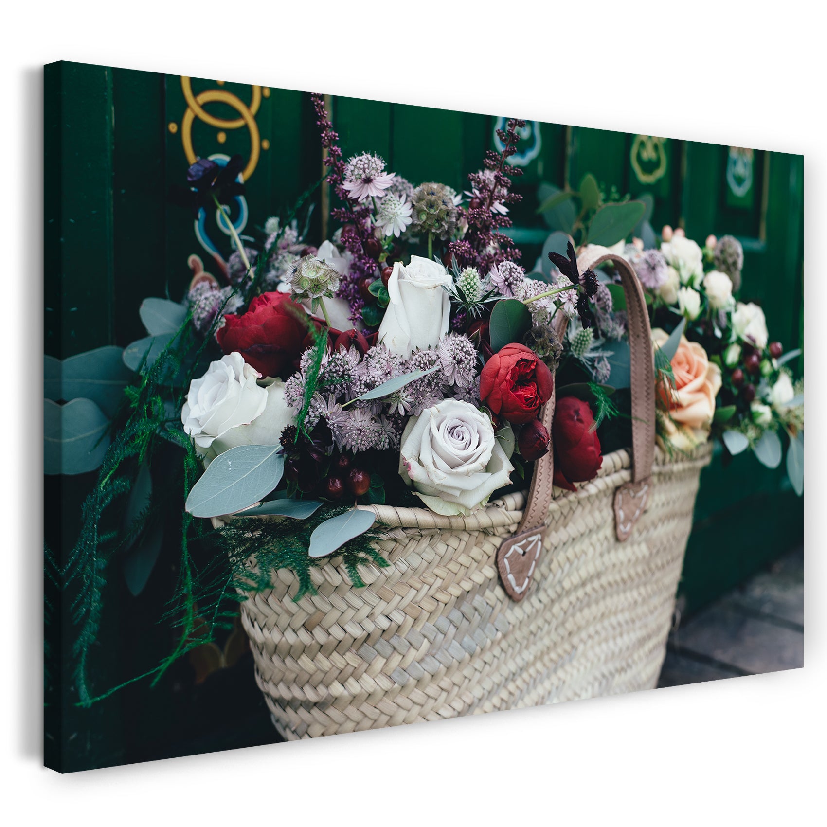 Leinwandbild Blumenbilder Blumenkorb Blumenstrauß bunt in geflochtener Tasche