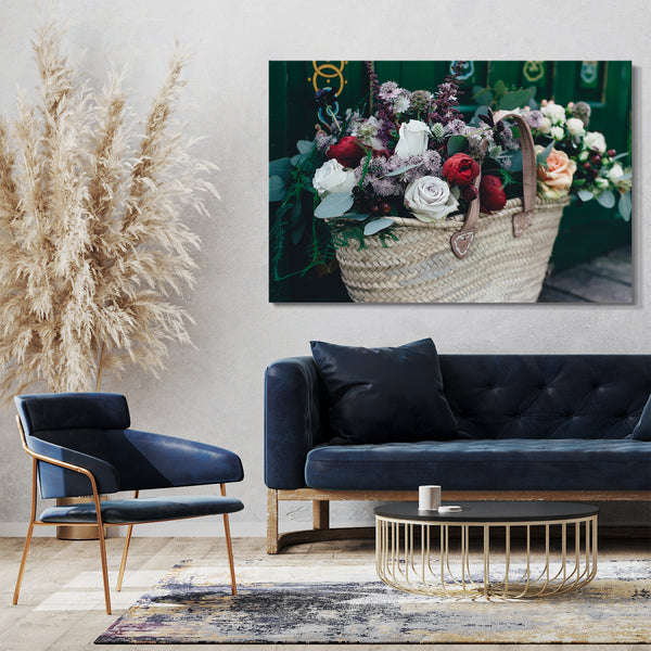 Leinwandbild Blumenbilder Blumenkorb Blumenstrauß bunt in geflochtener Tasche