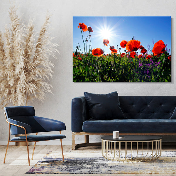 Leinwandbild Blumenbilder Mohnblume Mohnblumen-Feld Sonne links oben