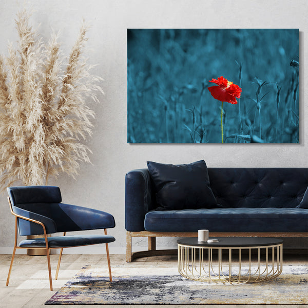 Leinwandbild Blumenbilder Mohnblume allein vor blauem Hintergrund