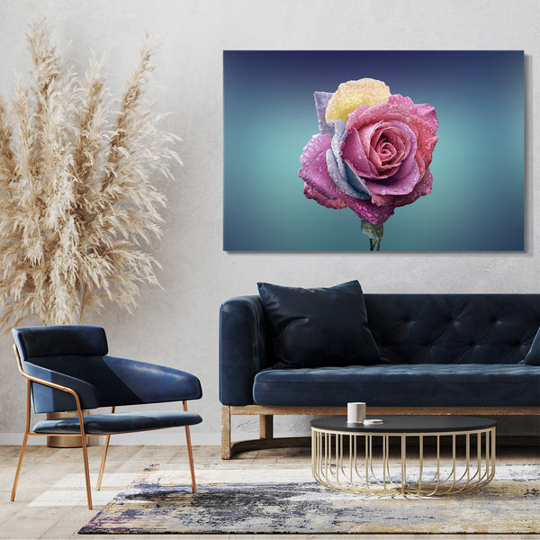 Leinwandbild Nahaufnahme Rose (hell-lila, blau, gelb) Hintergrund hell-grün