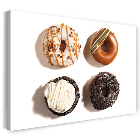 Leinwandbild Wandbild zur Küchendeko, vier Donuts mit unterschiedlichem Belag