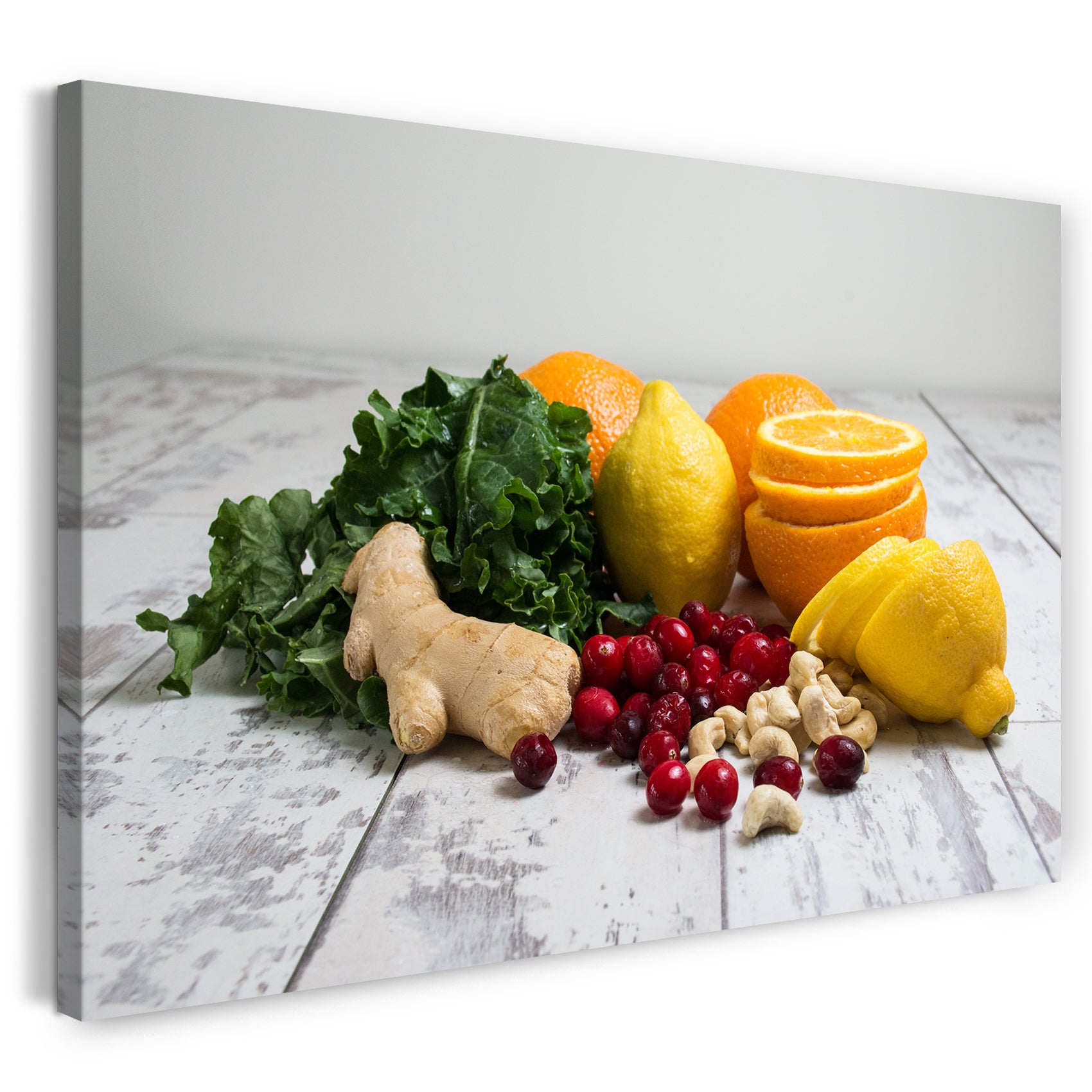 Leinwandbild Essensbilder verschiedene Früchte, Gemüse, Obst auf Holztisch