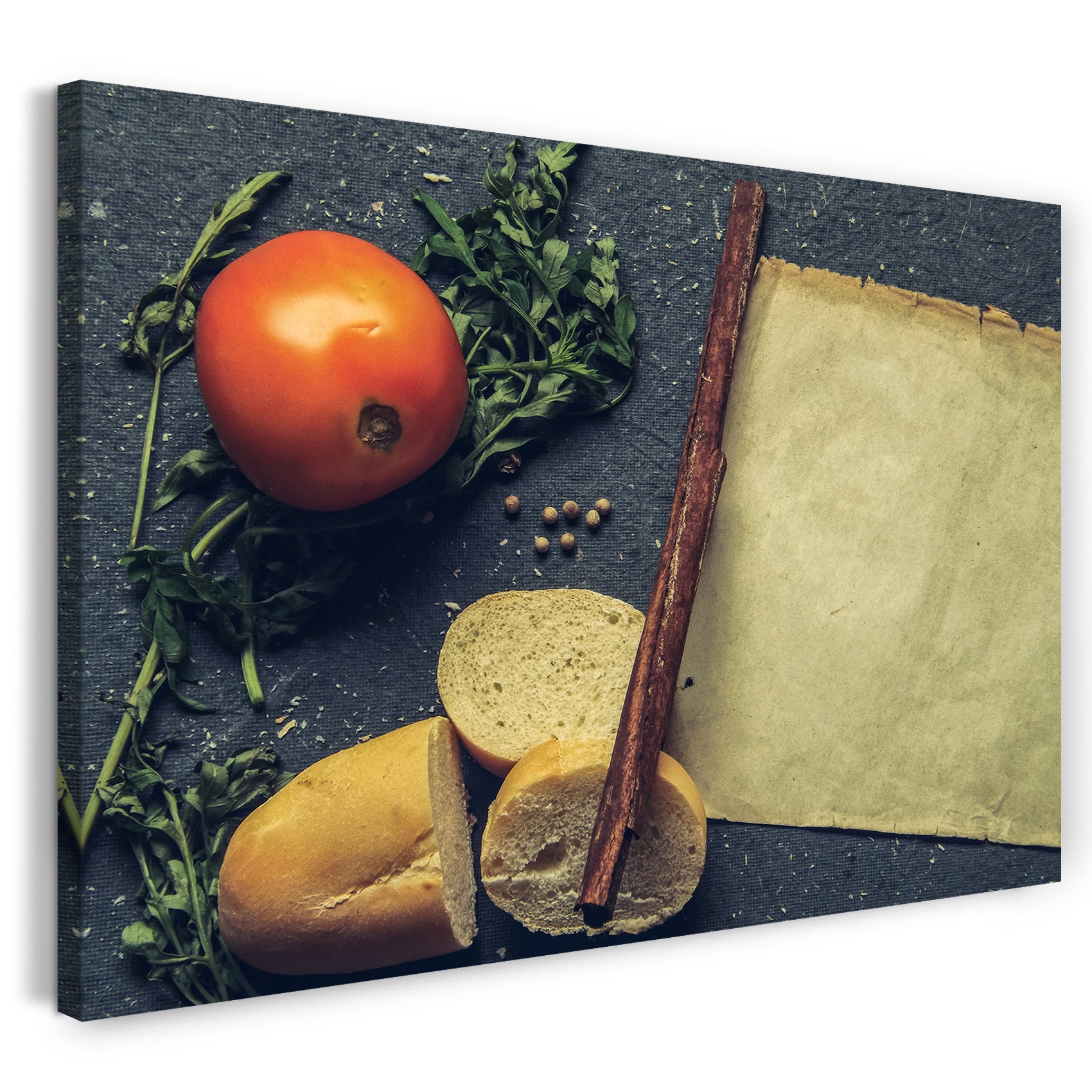 Leinwandbild Essensbilder Komposition aus Zimt, Brot, Tomate, Ruccola