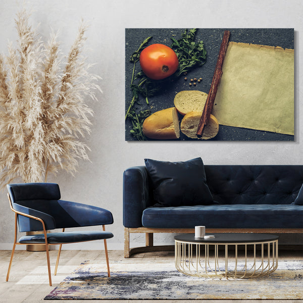 Leinwandbild Essensbilder Komposition aus Zimt, Brot, Tomate, Ruccola