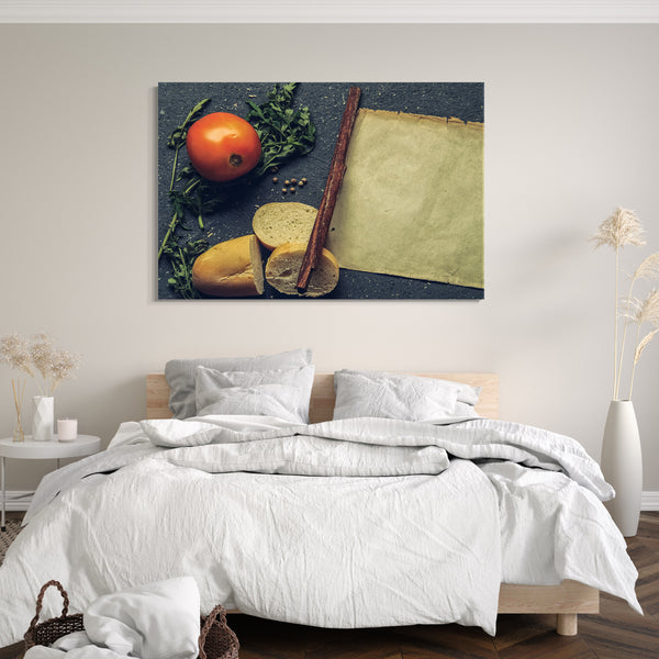 Leinwandbild Essensbilder Komposition aus Zimt, Brot, Tomate, Ruccola