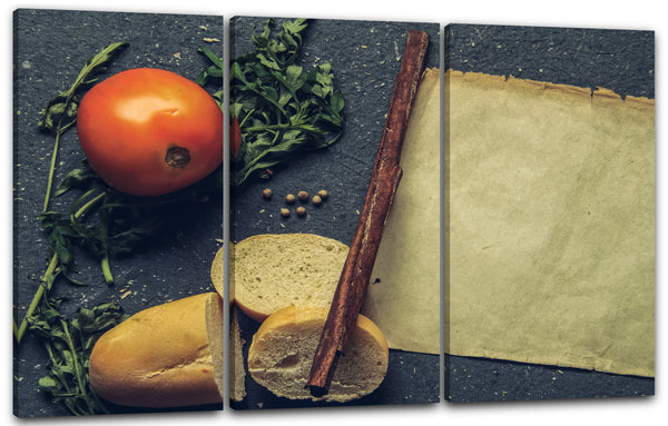Leinwandbild Essensbilder Komposition aus Zimt, Brot, Tomate, Ruccola