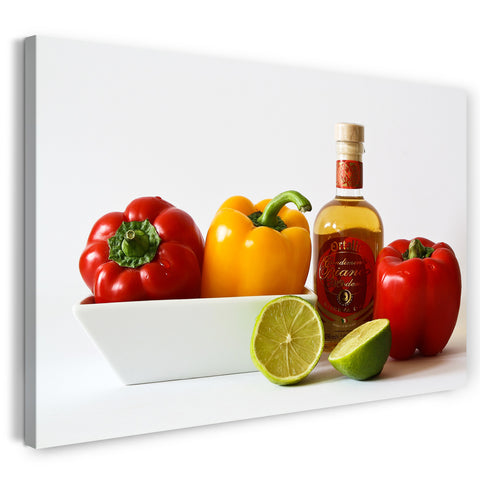 Leinwandbild Wandbild Küchendeko Motiv mit Paprika, Limette, Essig