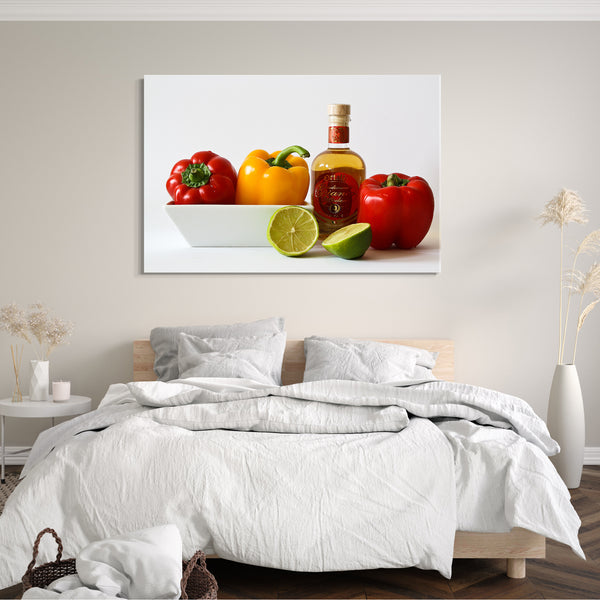Leinwandbild Wandbild Küchendeko Motiv mit Paprika, Limette, Essig