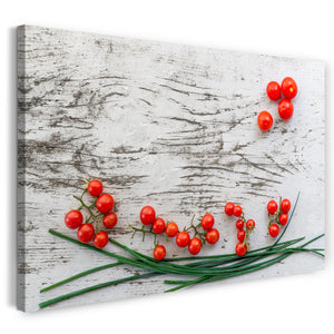 Leinwandbild Wandbild zur Küchendeko Mini-Tomaten und Schnittlauch auf Holztisch