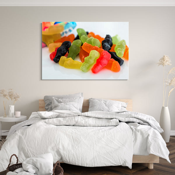 Leinwandbild Wandbild Küchendeko bunte Gummibaren auf weißem HIntergrund