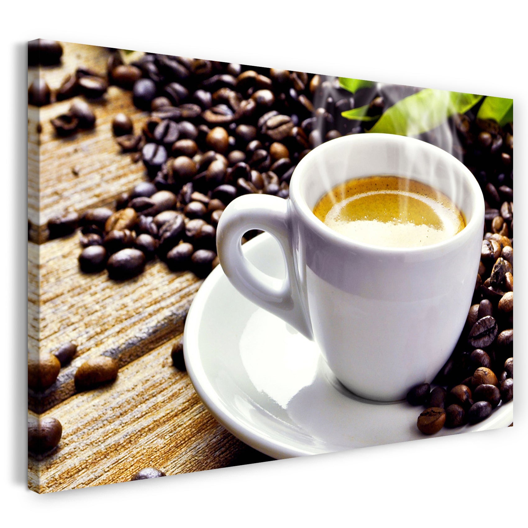 Leinwandbild Wandbild Küchendeko Kaffee Cappuccino Tasse mit Bohnen, Holztisch