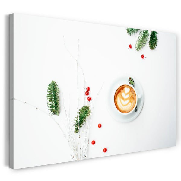 Leinwandbild Wandbild Küchendeko Latte Art Cappuccino Preiselbeeren Zweige