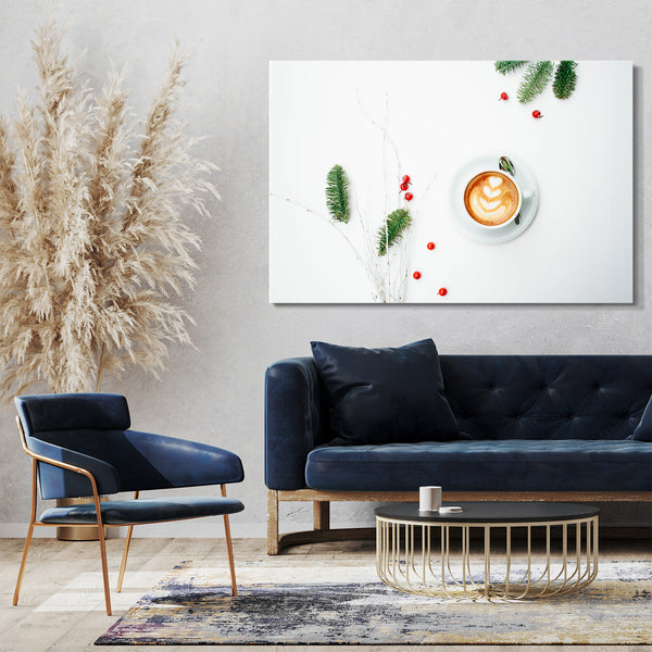 Leinwandbild Wandbild Küchendeko Latte Art Cappuccino Preiselbeeren Zweige