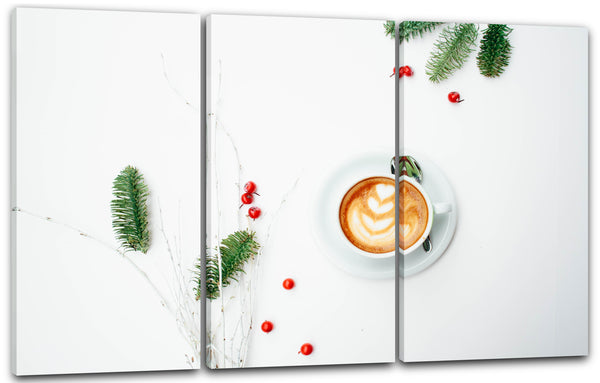 Leinwandbild Wandbild Küchendeko Latte Art Cappuccino Preiselbeeren Zweige