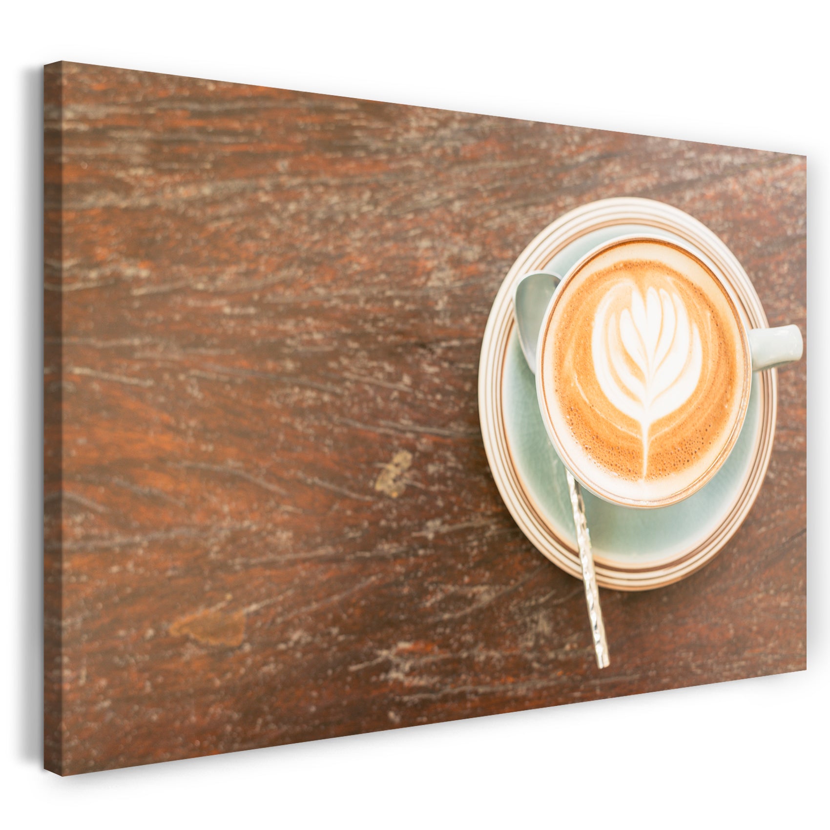 Leinwandbild Essensbilder Kaffee Cappuccino Latte Art, Tasse auf Holztisch