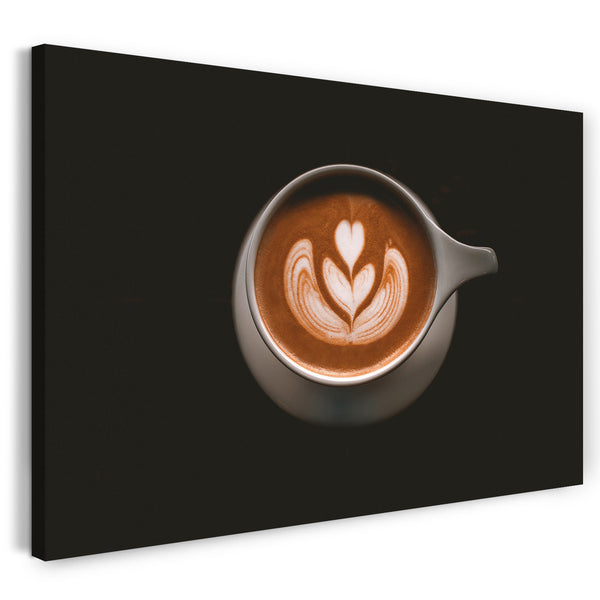Leinwandbild Wandbild Küchendeko Cappuccino Latte Art Tasse schwarzer Hintergrund
