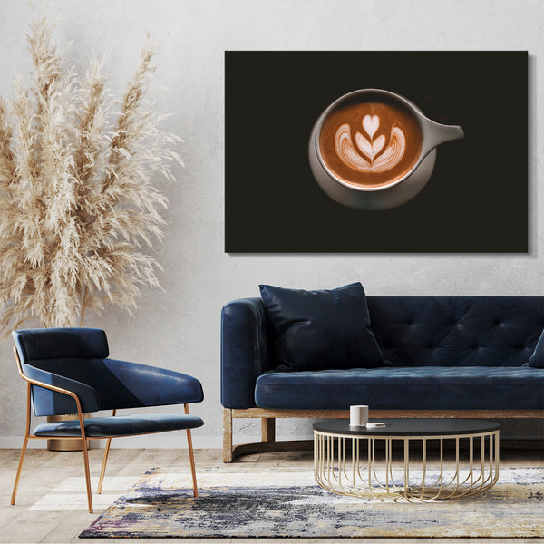 Leinwandbild Wandbild Küchendeko Cappuccino Latte Art Tasse schwarzer Hintergrund