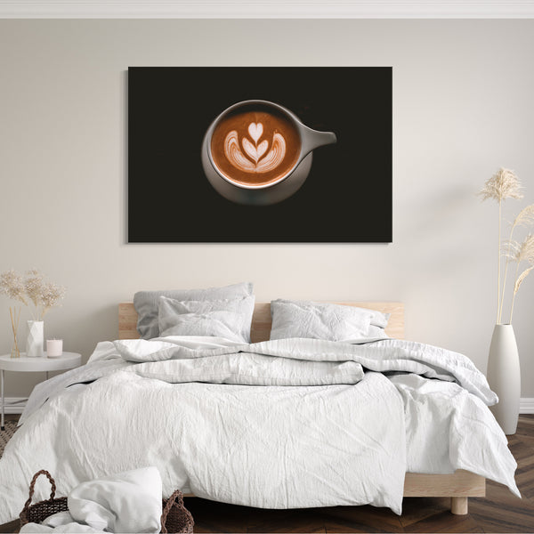 Leinwandbild Wandbild Küchendeko Cappuccino Latte Art Tasse schwarzer Hintergrund