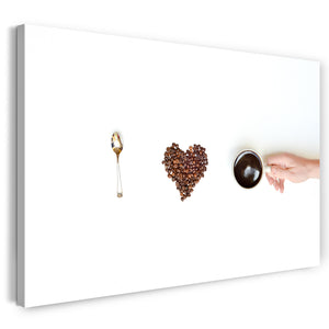 Leinwandbild Wandbild Küchendeko Kaffee-Tasse Kaffee-Bohnen Herzform Löffel