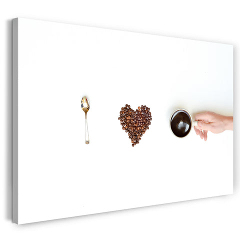 Leinwandbild Wandbild Küchendeko Kaffee-Tasse Kaffee-Bohnen Herzform Löffel
