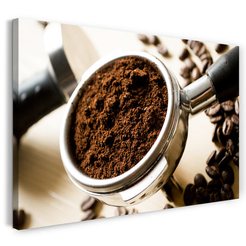 Leinwandbild Wandbild Küchendeko Kaffee Cappuccino Kaffeebohnen Siebträger