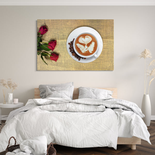 Leinwandbild Wandbild Küchendeko Latte Art Cappuccino Kaffeebohnen Rosen