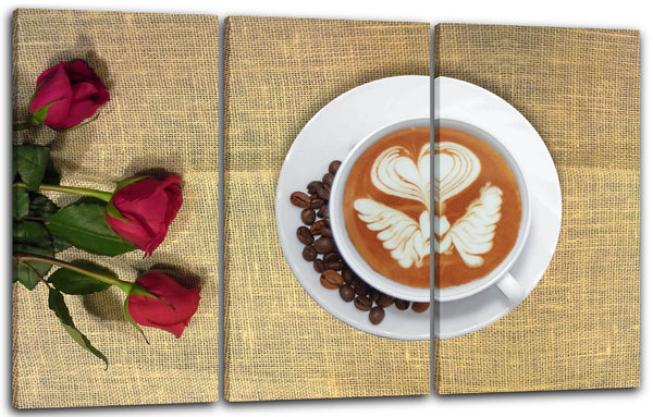 Leinwandbild Wandbild Küchendeko Latte Art Cappuccino Kaffeebohnen Rosen