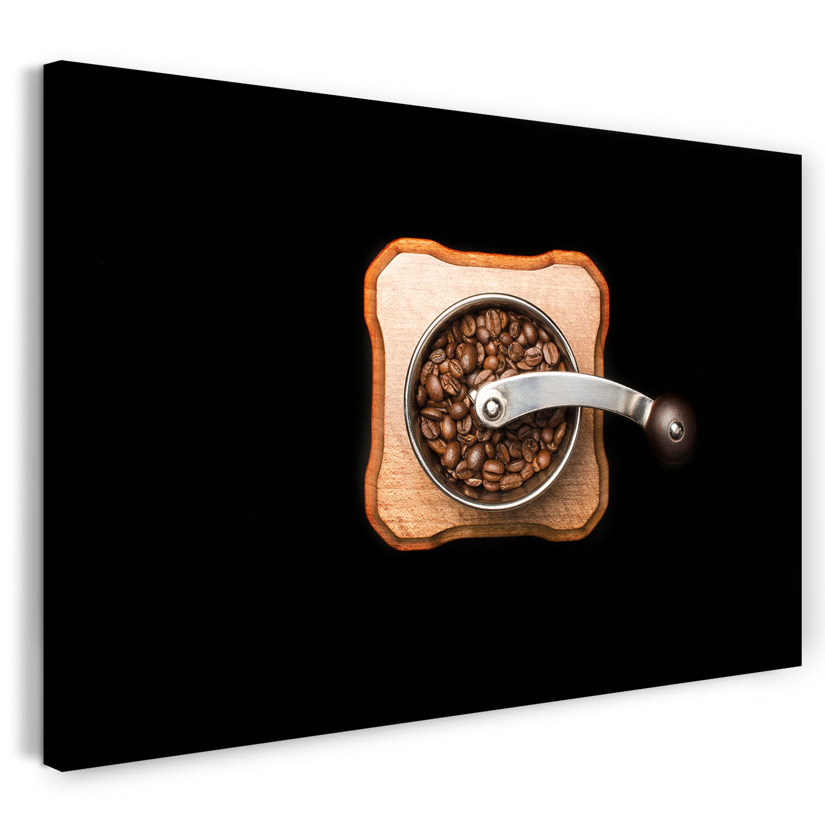 Leinwandbild Wandbild Küchendeko Kaffeemühle schwarzer Hintergrund