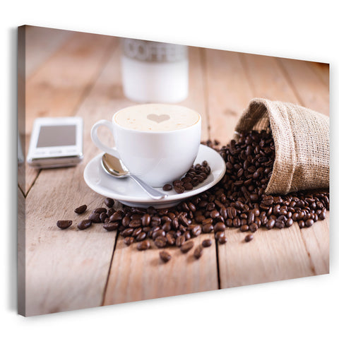 Leinwandbild Wandbild Küchendeko Latte Art Sack mit Bohnen Cappuccino