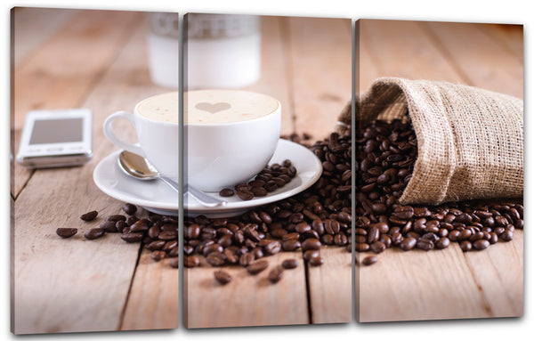 Leinwandbild Wandbild Küchendeko Latte Art Sack mit Bohnen Cappuccino