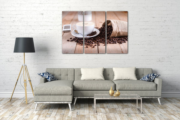 Leinwandbild Wandbild Küchendeko Latte Art Sack mit Bohnen Cappuccino