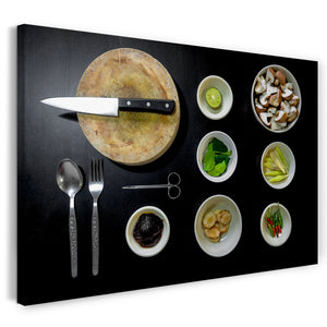 Leinwandbild Wandbild Küchendeko Besteck, Schälchen mit Gemüse und Limette