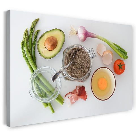 Leinwandbild Wandbild Küchendeko Spargel Avocado Tomate Ei Zwiebel Schinken
