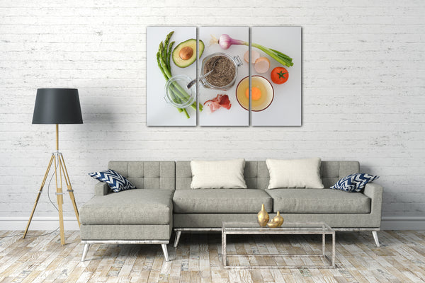 Leinwandbild Wandbild Küchendeko Spargel Avocado Tomate Ei Zwiebel Schinken
