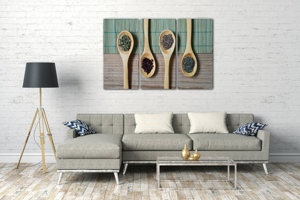 Leinwandbild Wandbild Küchendeko Kräuter und Gewürze auf Holzlöffel