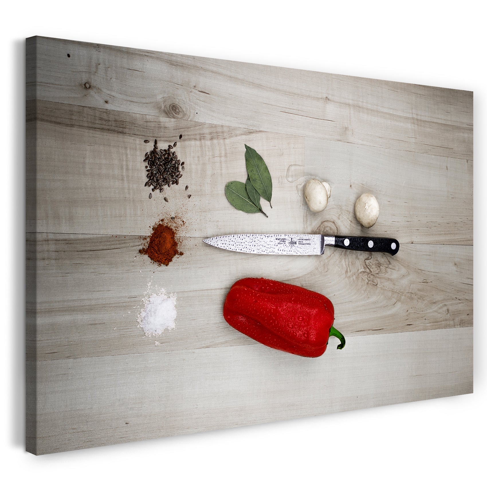 Leinwandbild Wandbild Küchendeko Küchenmesser Paprika Gewürze Pilze